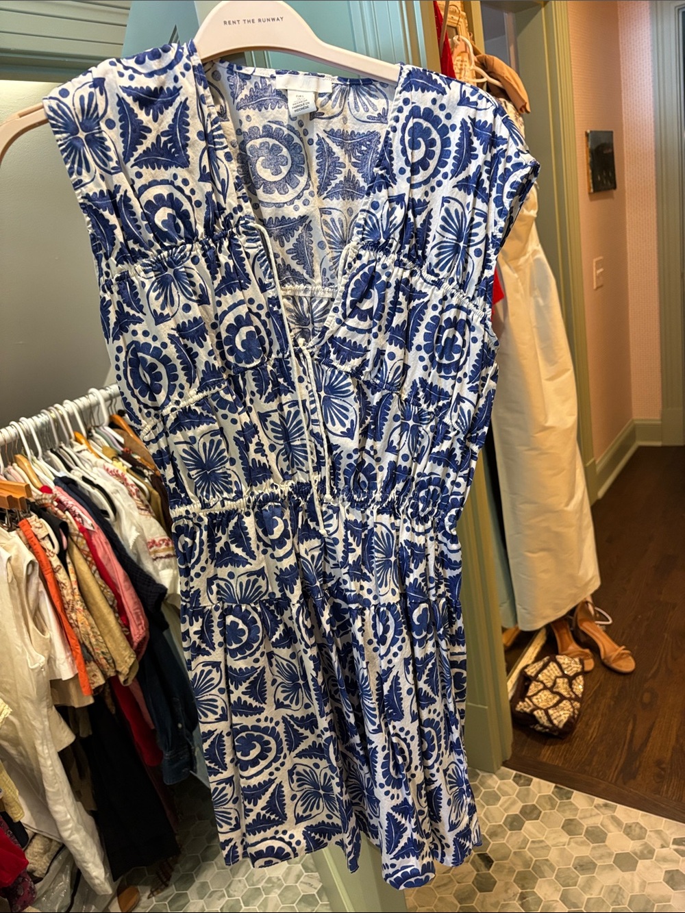 H&M Blue and White Floral Tile Print Mini Dress